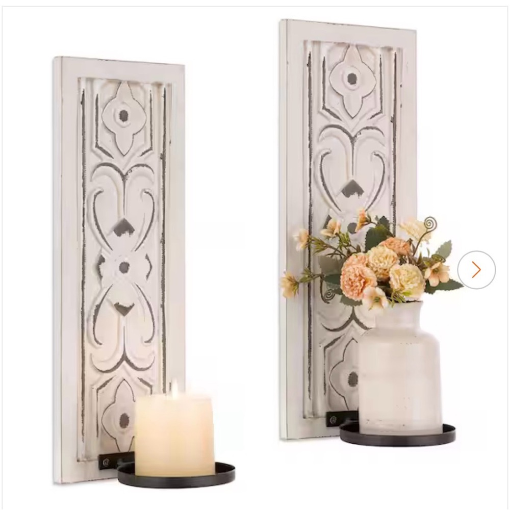 Shabby Chic Distressed White Wall Sconce Pair with Black Candle Trays